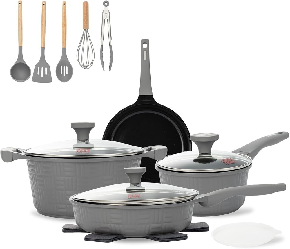 UCCLIFE 15-PCS Pots and Pans Set Non Stick, Induction 15 PCS-Gray, Gray