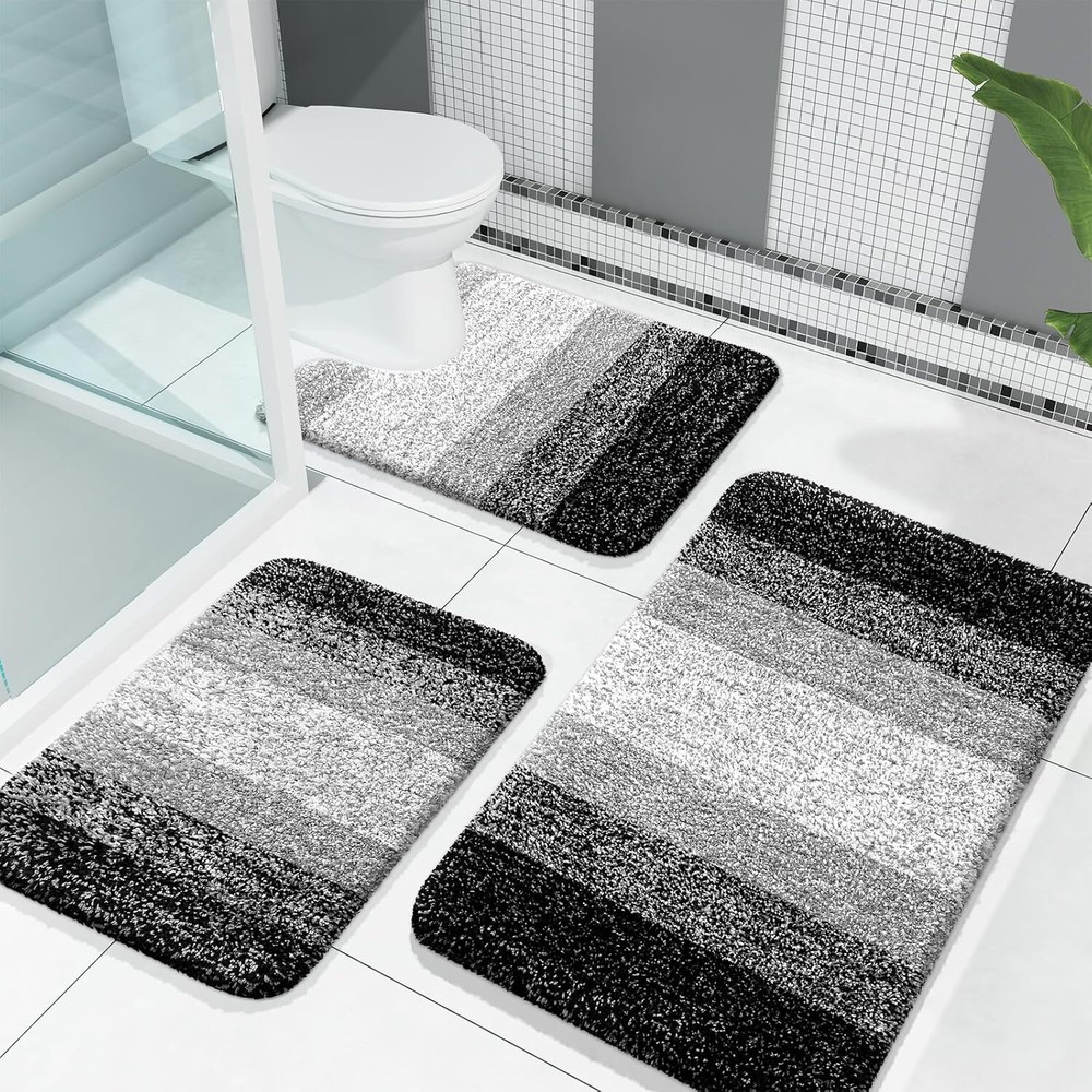 3-Piece Soft Absorbent Microfiber Bath Mat and Contour Rug Set for Bathroom
