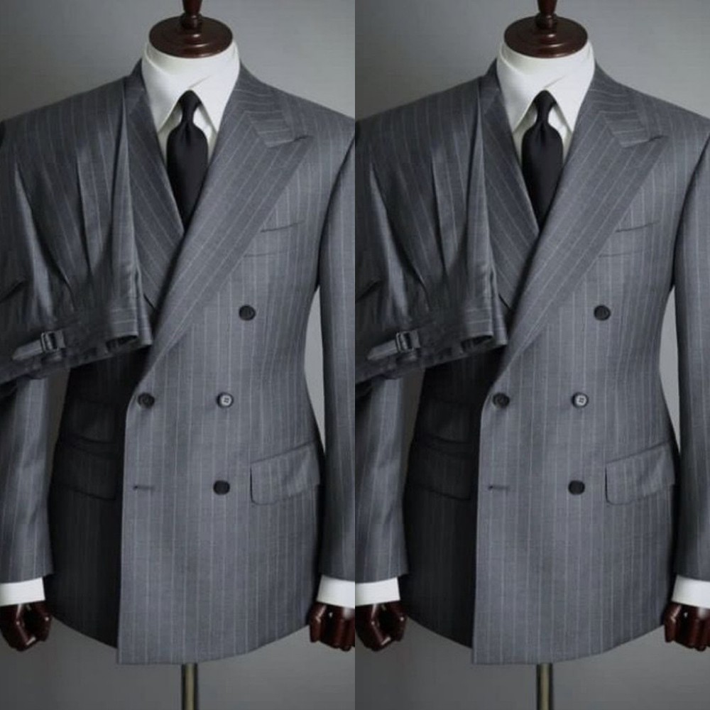 Grey Men's Suit Striped Business Formal Offical Tuxedo Jacket Workwear 2Pcs
