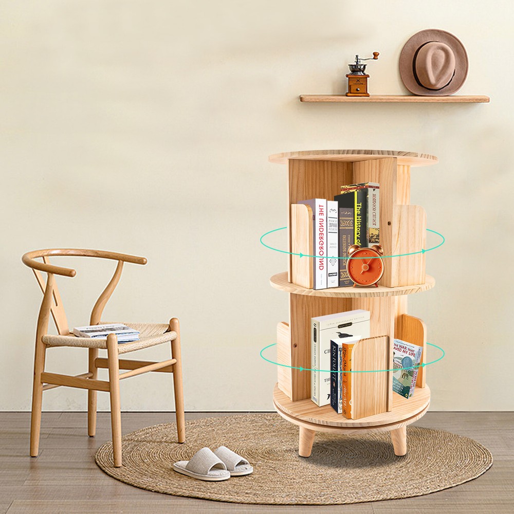 360-Degree Rotating Wooden Bookcase Display Shelf for Books Souvenirs Storage  