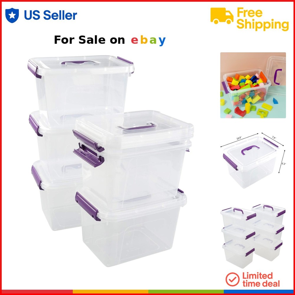 6 Quart Plastic Storage Tote Box Clear Latching Handle Impact-Resistant