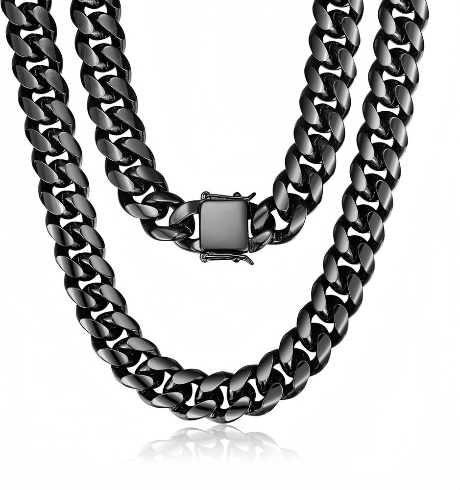 Elegant Black Miami Cuban Link Chain Necklace - 15mm Width, Gift Box Included