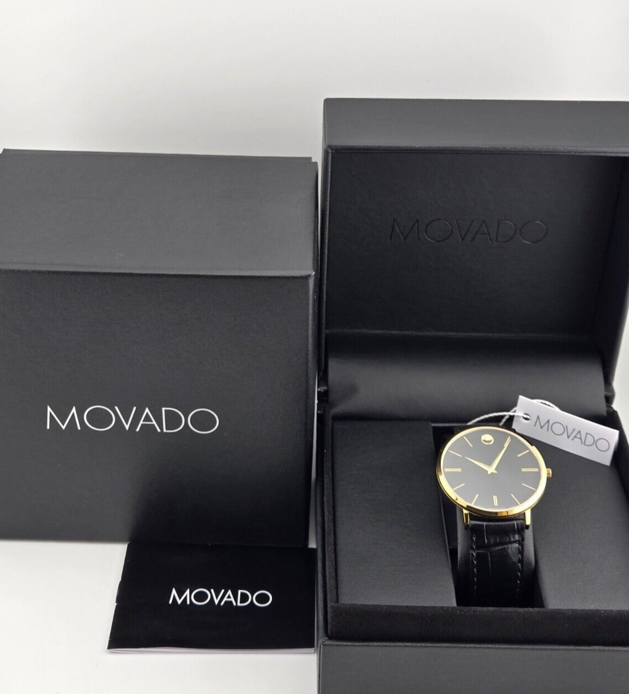 Movado Men's Ultra Slim Gold Accent Leather Strap Watch - 0607173 ($795 MSRP)