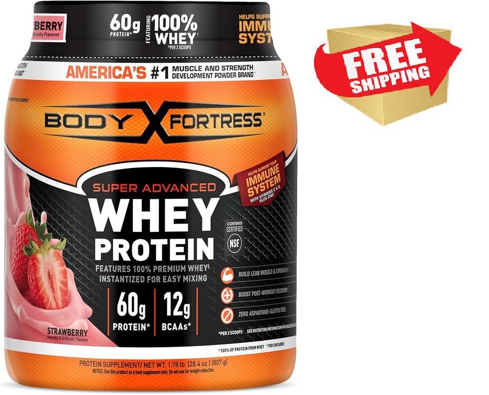 Body Fortress Strawberry Whey Protein Powder with Immune Support 1 lb