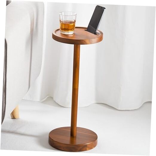 Acacia Wood Pedestal Side Table with Weighted Base for Drinks