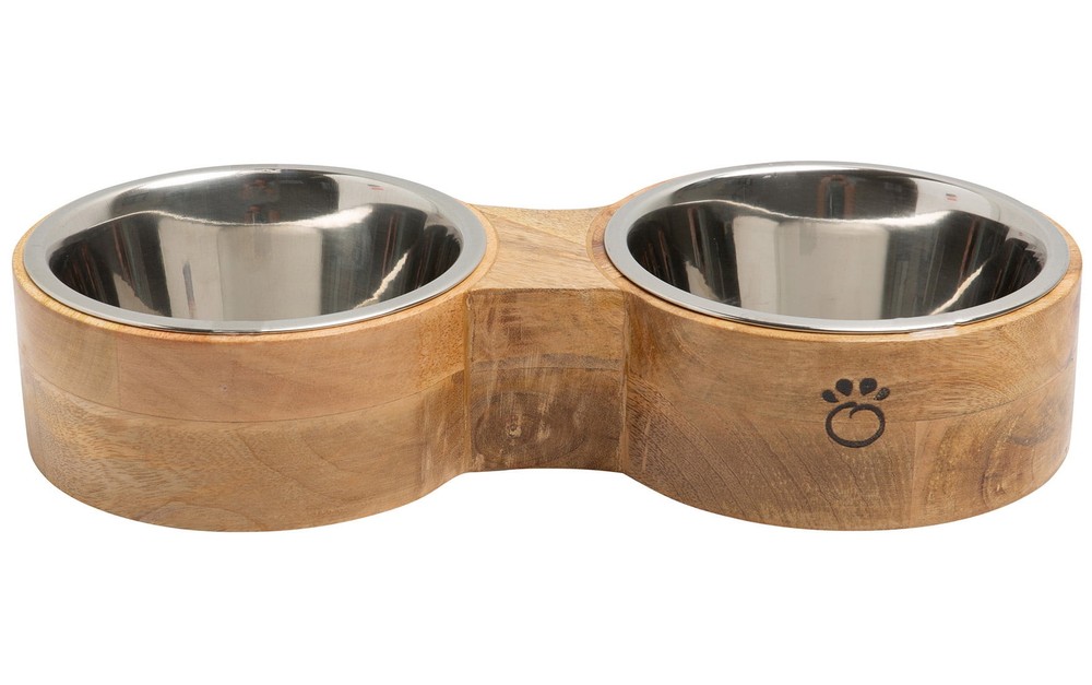 Dog food bowl, mango wood heightened, removable stainless steel liner