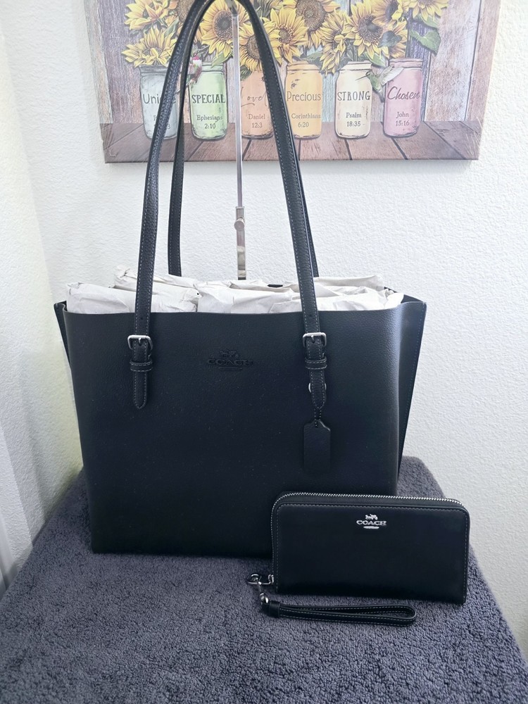 NWT COACH Mollie Large Black Leather Tote with Matching 12-Card Wallet