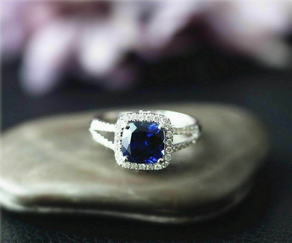 1.50Ct Cushion Simulated Blue Sapphire Split Shank Ring In 14k White Gold Plated