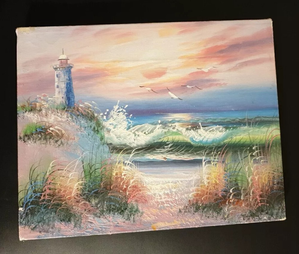 8x10 Lighthouse Beach Dusk Oil Painting Canvas Signed Unframed Art