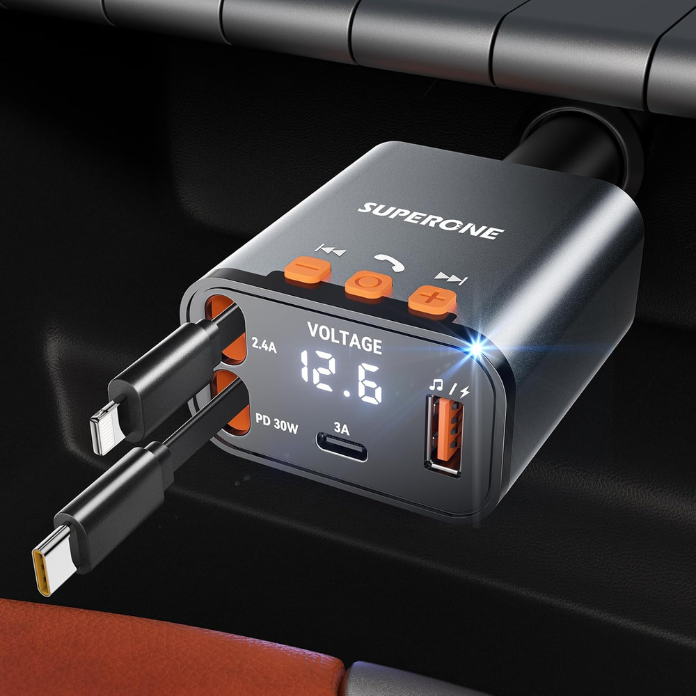 Compact 69W Retractable Car Charger with Bluetooth 5.3 & Tangle-Free Cables