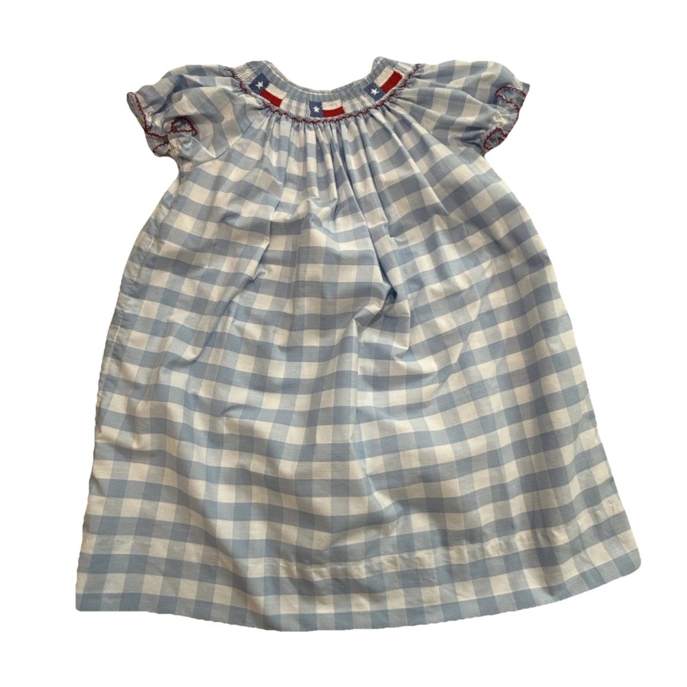 Classic Whimsy Girls Bishop Dress Blue Gingham Smocked Flag Size 6