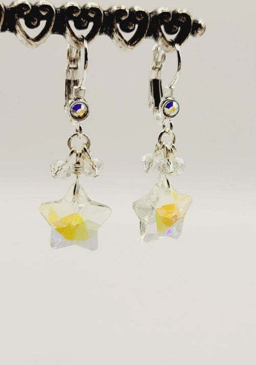 Kirks Folly STAR aurora borealis crystal lever back DANGLE earrings Silver tone