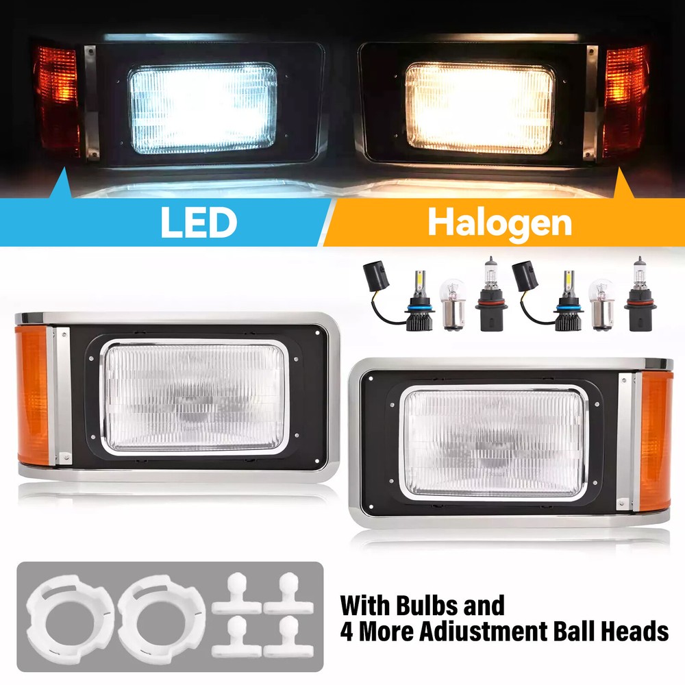 Pair Headlights W/Bezel & LED & Halo Bulbs For Mack CH613 SFA Hood Trucks 90-17