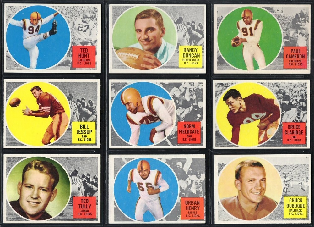 1960 B.C. Lions CFL Football Cards - 9 Players Including Fieldgate, Hunt & Tully