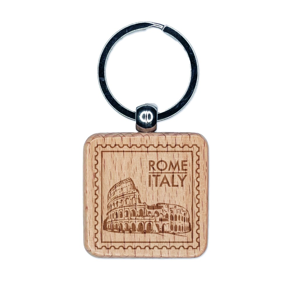 Colosseum Rome Italy Landmark Engraved Wooden Keychain Charm Tag