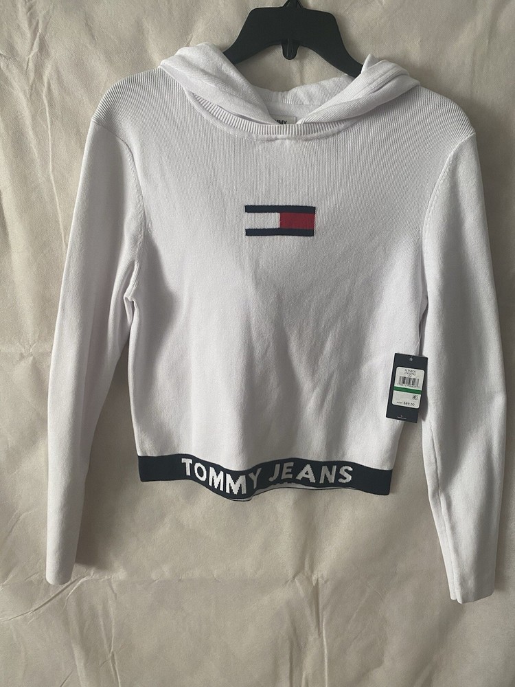 Tommy Hilfiger White Junior Hoodie Sweater Size Large with Tommy Jeans Waistband