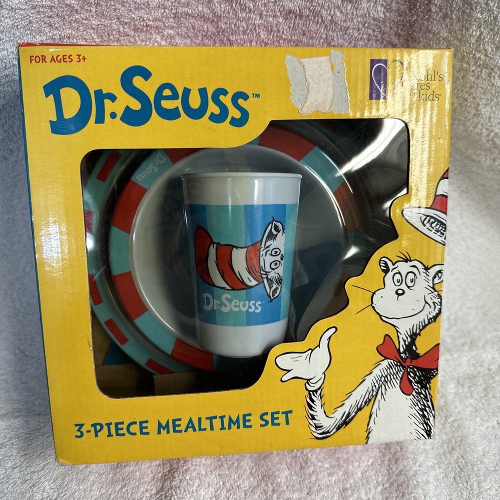 2000 Kohls Cares Dr. Seuss The Cat The Hat 3-Piece Meal Set Plate Bowl Cup ~ C73