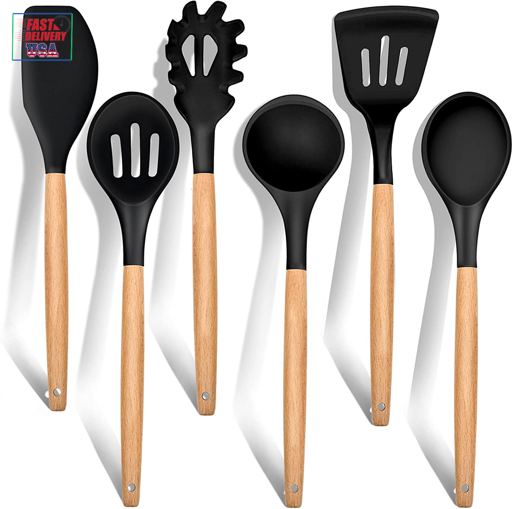 Cooking Utensils Set of 6, Silicone Kitchen Utensils with Wooden Handle, Non-Sti
