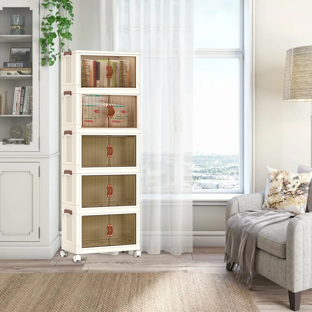 Foldable 5-Pack Storage Bins with Wheels - Stackable Organizer Cart for Cabinets