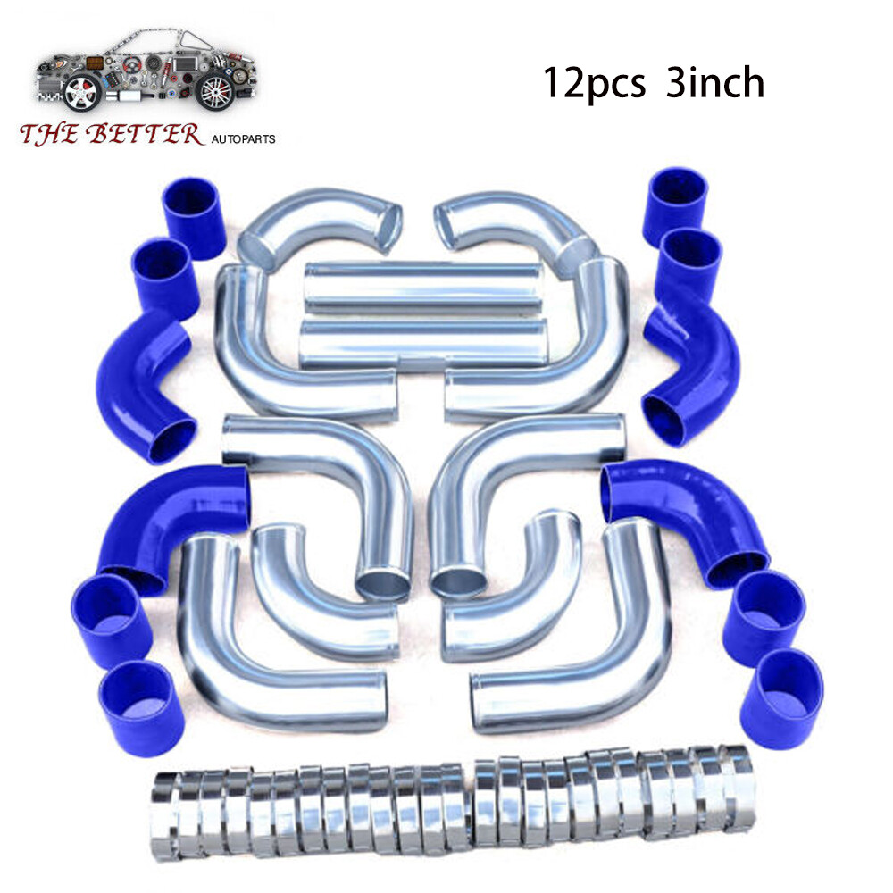 Universal 3-Inch Aluminum Intercooler Piping Kit with Blue Couplers & T-Clamps