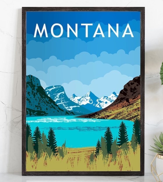 Retro Style Travel Poster, Montana Vintage Rustic Poster Print, Home Wall Art