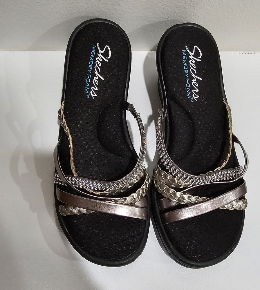 Skechers Womens Wedge Sandals Rumble  Slip On Straps Shoes Pewter 7-7.5 /24