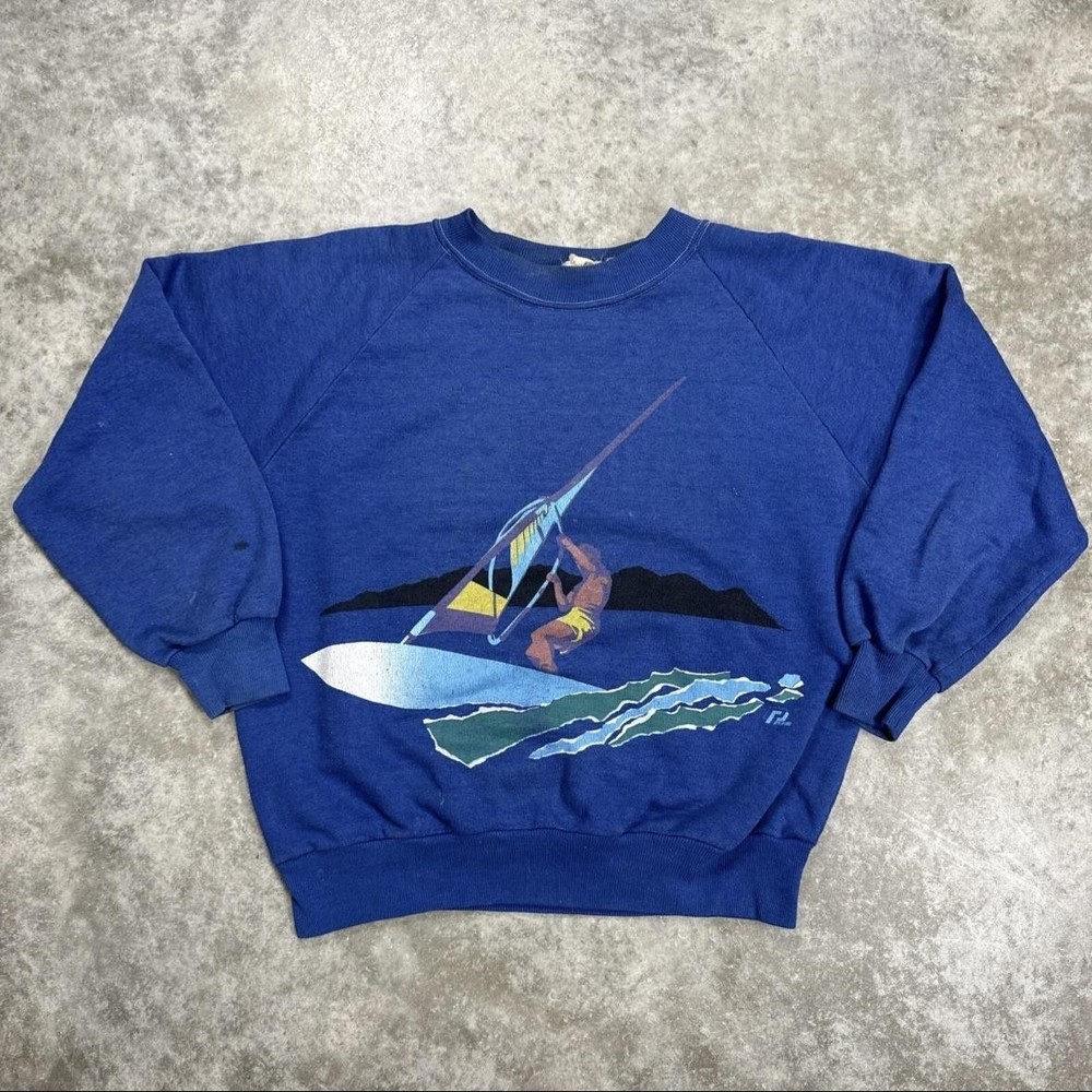 Vintage Windsurfing Sweatshirt Crewneck Mens Large Blue 80s STS Graphics Surf