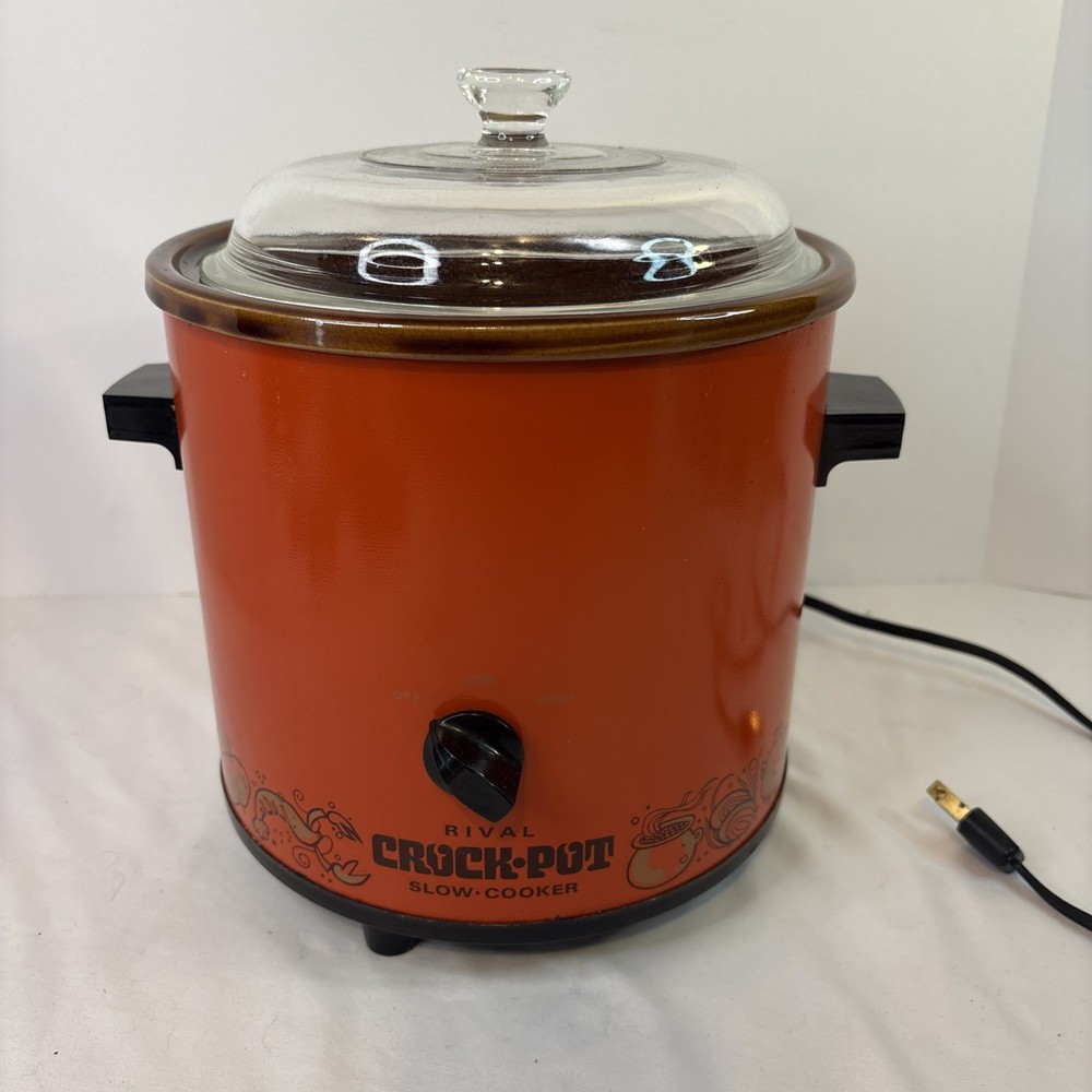 VTG 70s 3.5 Qt Rival Crock Pot 3100/2 Pumpkin Orange Slow Cooker Glass Lid WORKS