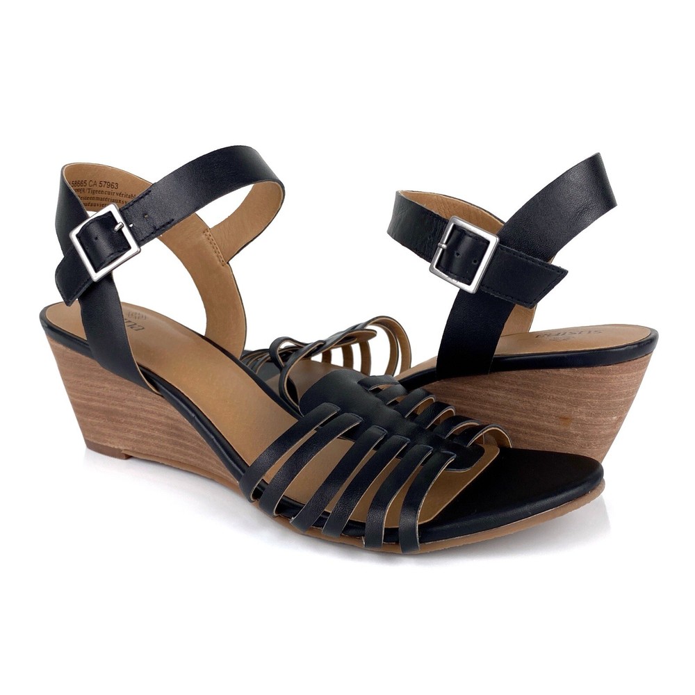 Susina Womens Terra Leather Wedge Sandals Black Size 9.5