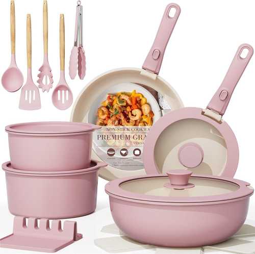 Astercook 21 Pcs Pots and Pans Set Non 21 Kitchen Cookware Sets, Pink