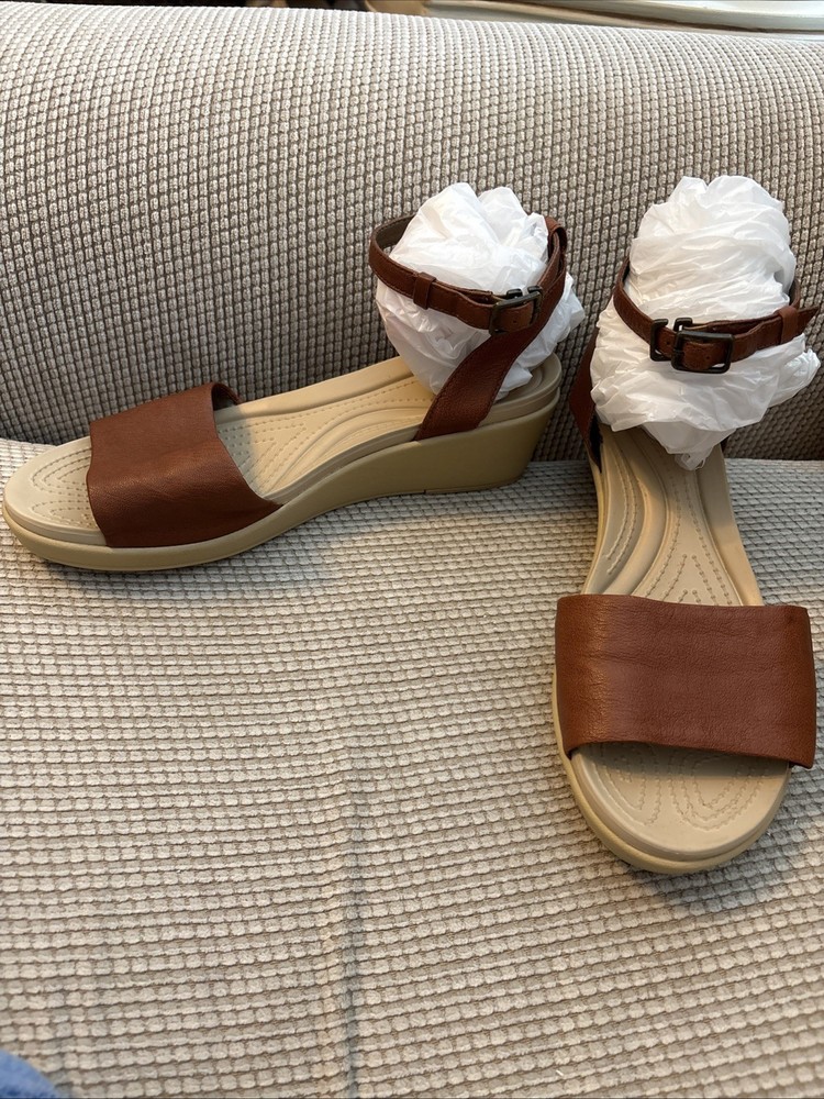 Crocs LeighAnn Womens Brown Leather Wedge Sandals Size 10 with Ankle Strap