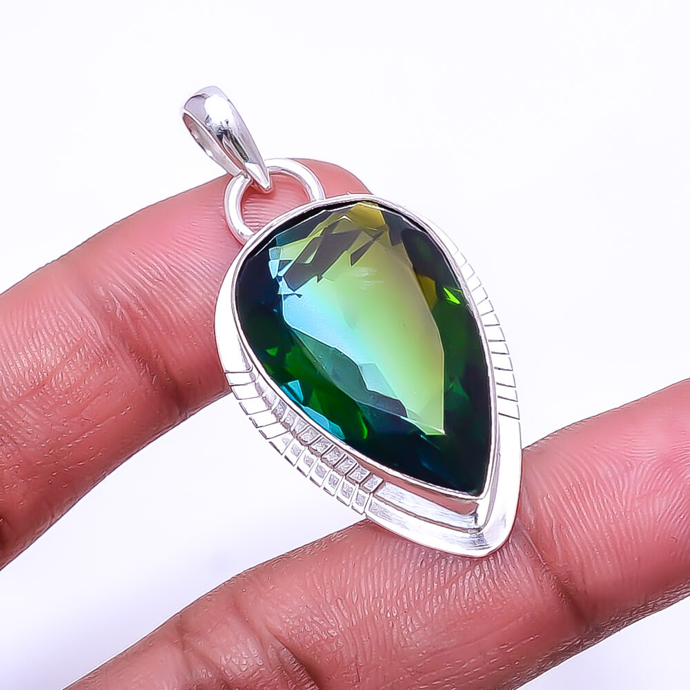 Bi-Color Tourmaline Handmade Sterling Silver Pendant 1.76 Inch