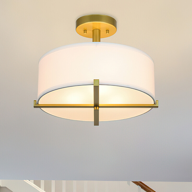 Semi Flush Mount Ceiling Light Fixture with White Drum Fabric Shade Living Room