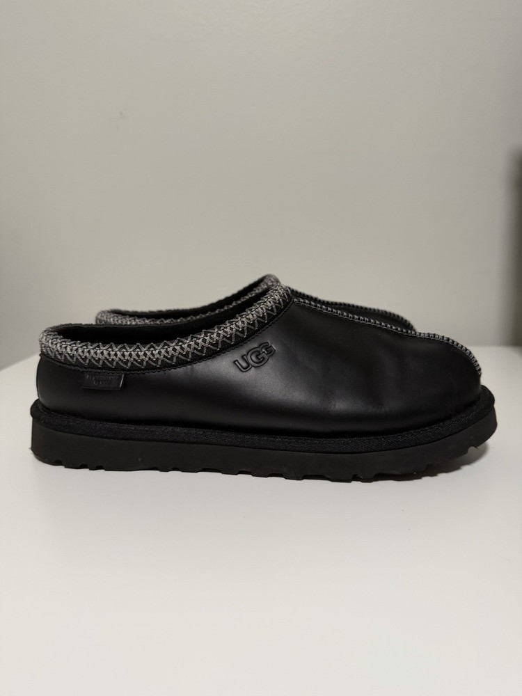 UGG Men's Black Leather Slip-On Slippers Plush Lined Comfort Rubber Outsole