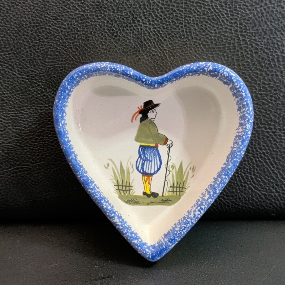 HB Henriot Quimper Heart Shaped Faience Ceramic Dish Blue Yellow Hand Painted