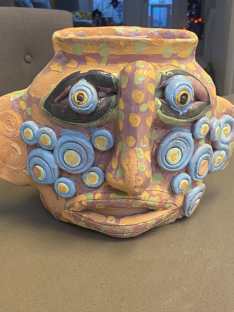 Vintage Mid Century Modern Abstract Terracotta Double Face Folk Art Pottery Pot