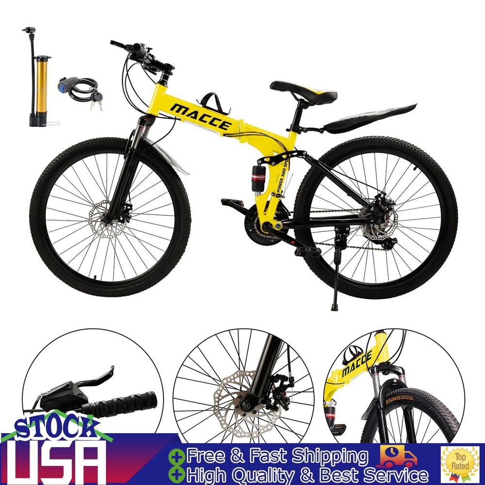 26 wheels 27 speed double disc brake folding mountain bike MTB for adults Yellow