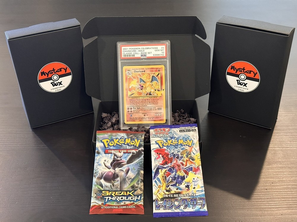 Pokemon Mystery Box - 1 Graded Card (PSA BGS CGC), 2 Packs, Extras & Vintage B