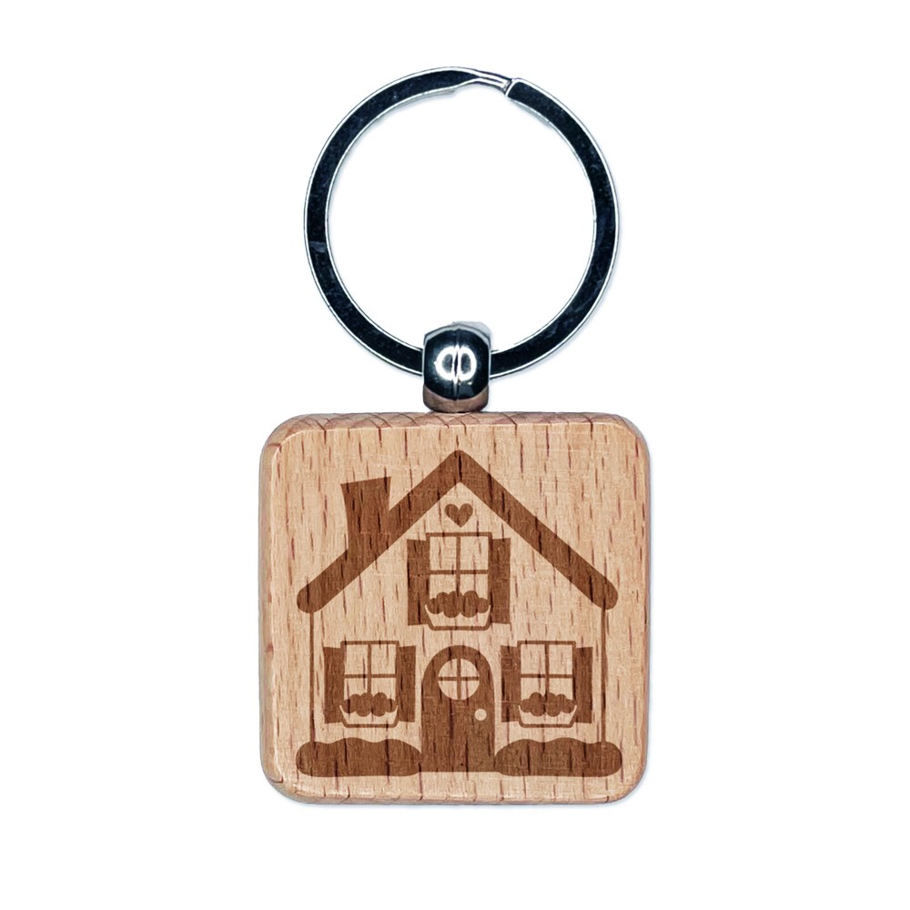 Cute House Heart Window Boxes Engraved Wood Square Keychain Tag Charm