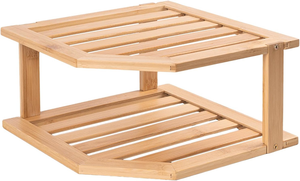 Bamboo Corner Shelf,2 Tier Plate Organizer for Cabinet and Countertop,Pantry Dis