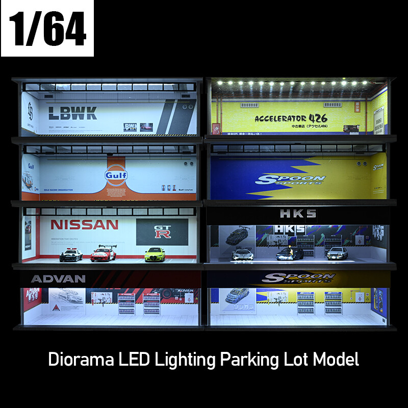 1/64 Diorama Car Garage Model LED Lighting Car Model Display Case Scene Model