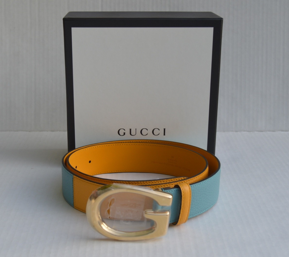 Gucci Pig Print Yellow Blue Leather Belt Size 90 NWT