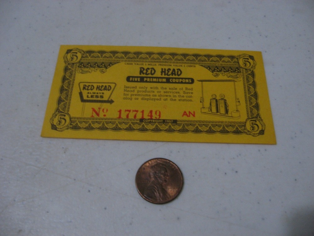 Vintage Premium Coupon Red Head Gas Station 5 Cent Coupon Wooster OH-image