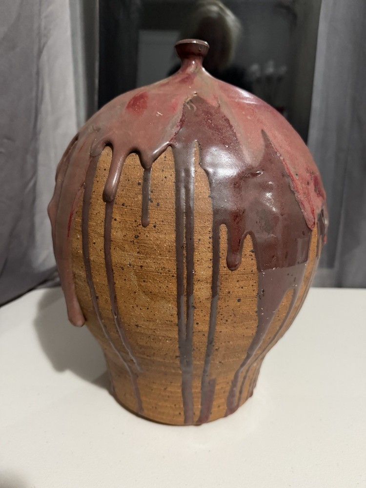 STUDIO ART POTTERY VASE DRIP GLAZE EARTHENWARE VINTAGE SIGNED ARTISAN 14”