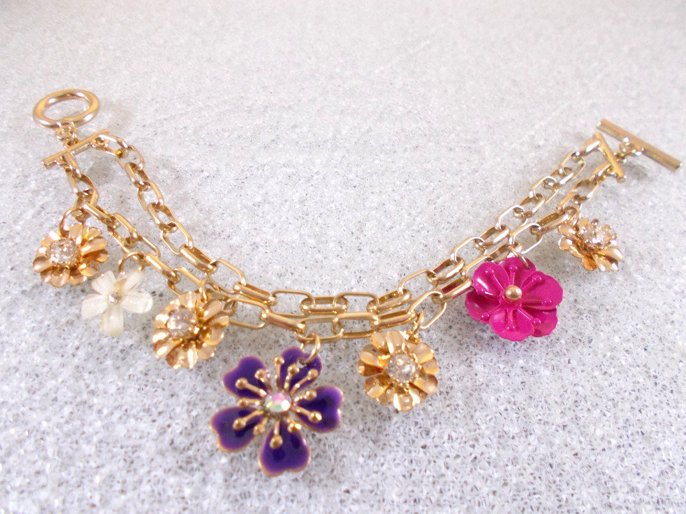 Gold tone Double Chain Enamel Rhinestone Flowers Charm Bracelet Free Shipping