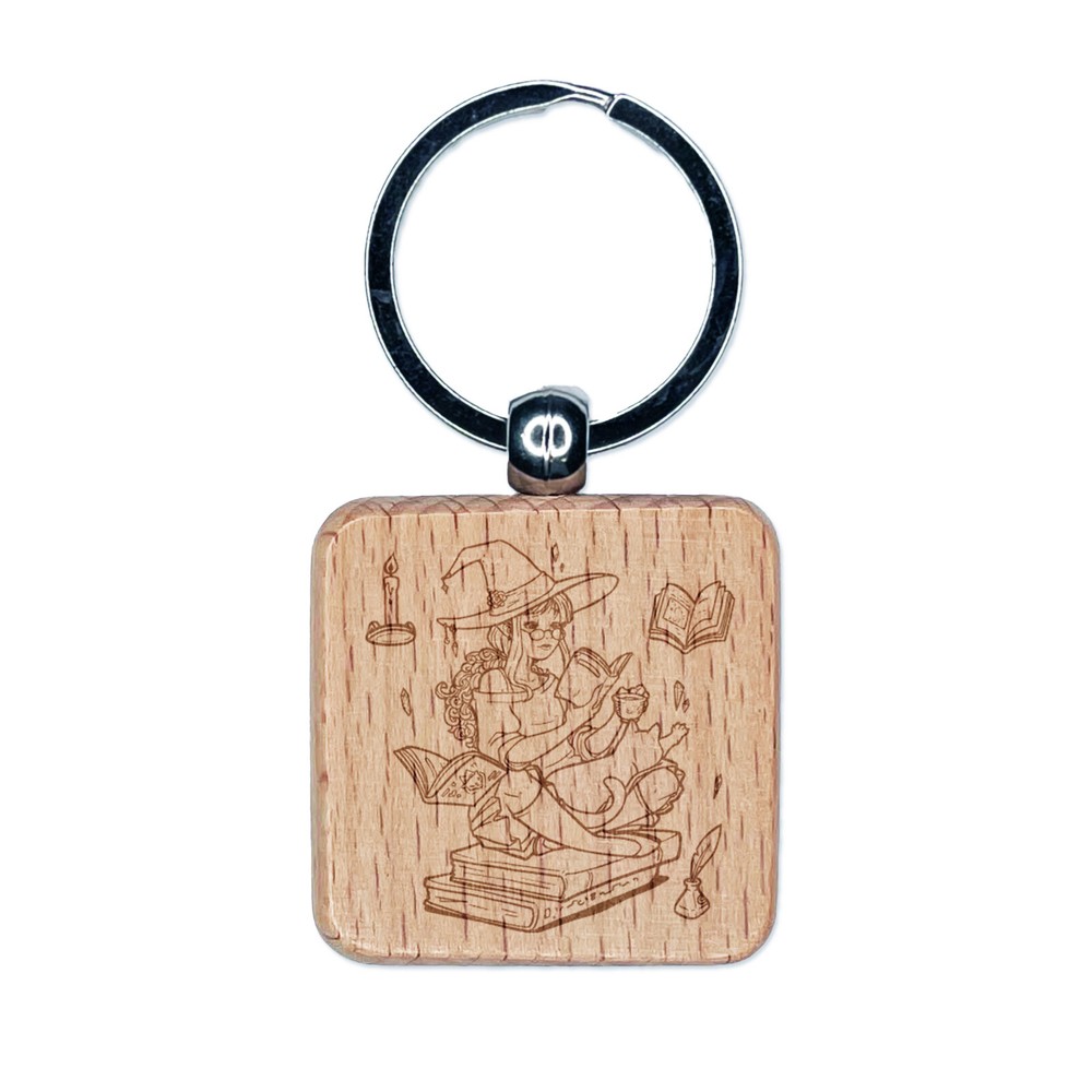 Studious Witch Reading with Cat Halloween Wooden Keychain