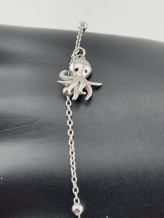 925 STERLING SILVER BEAD STATION OCTOPUS CHARM ANKLET BRACELET 10