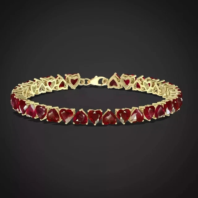 7Ct Heart Cut Lab Created Red Ruby Womens 14K Yellow Gold Plated Tennis Bracelet
