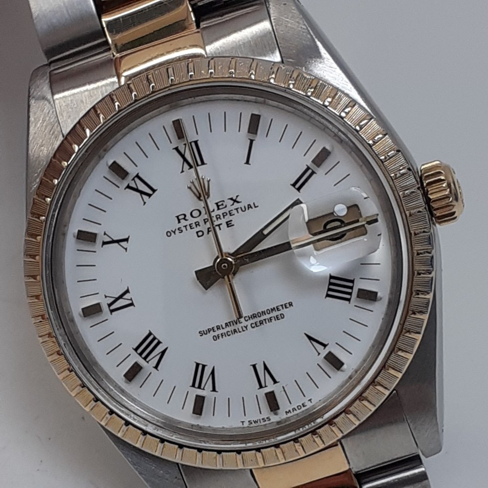 Rolex Date 34mm Steel 18K Yellow Gold Oyster White Roman Dial Watch 15053 R Series 87