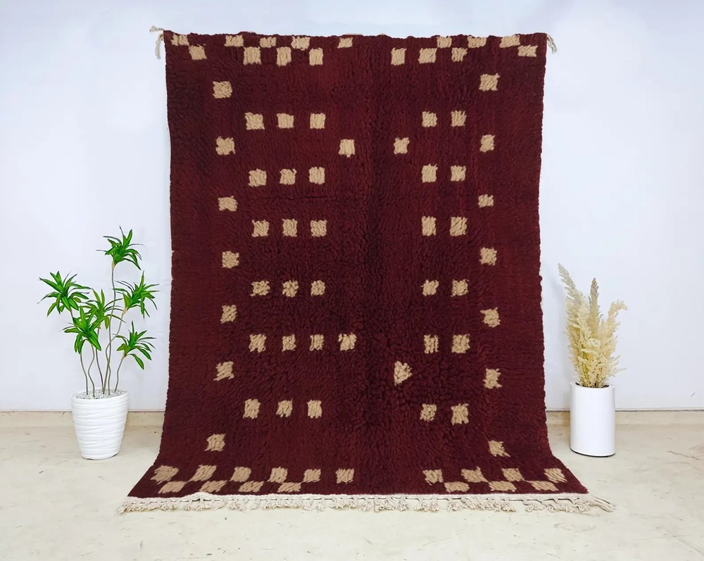 Burgundy & Cream Beni Ourain Moroccan Wool Authentic Hand-Knotted Berber Carpet